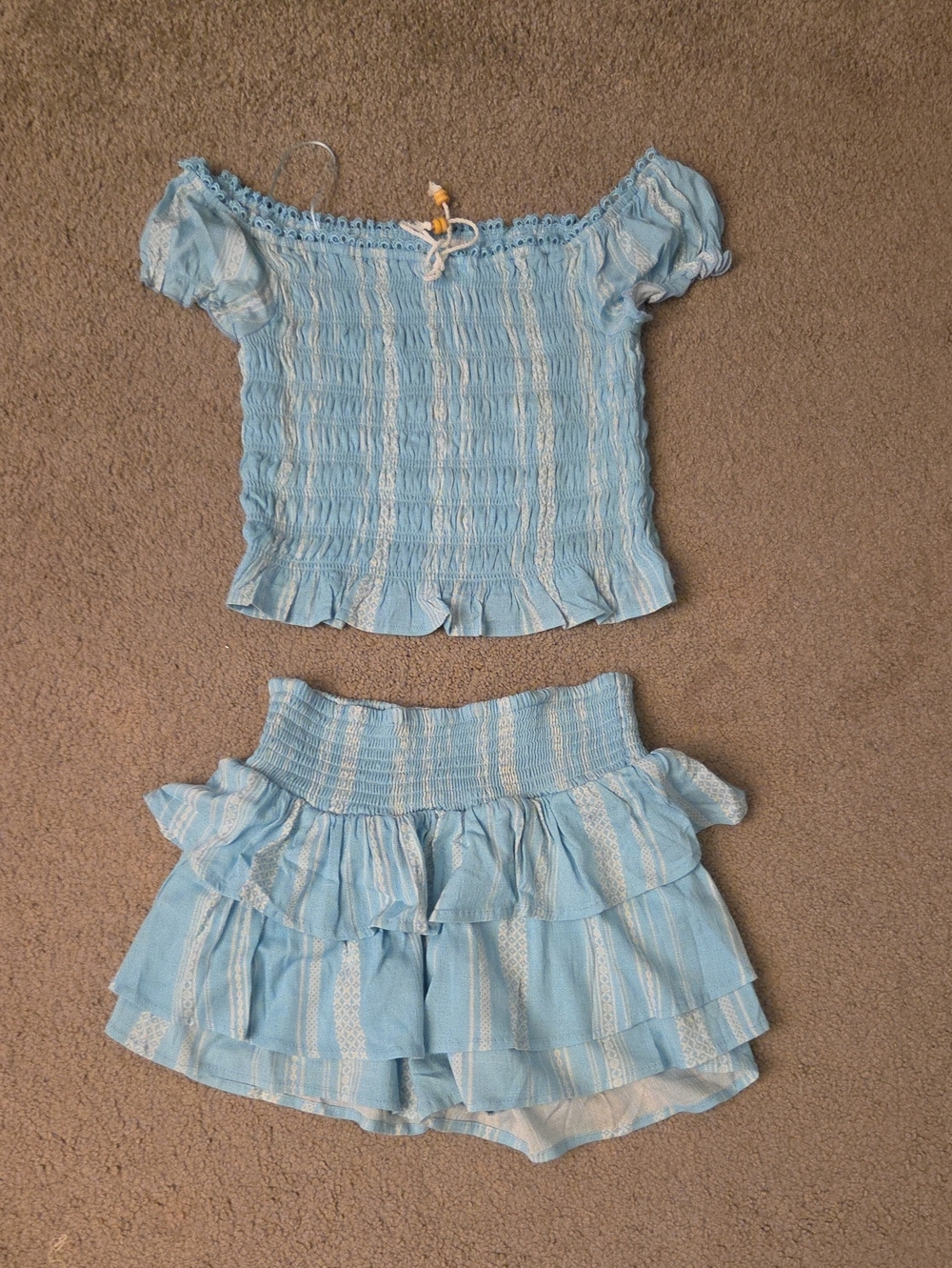 Light Blue Ruffled Two-Piece Set - Smocked Top & Tiered Skort